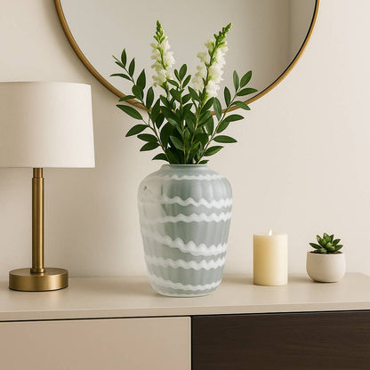 Decorative Vase - White Glass Vertical Strip Pattern, 13 in.