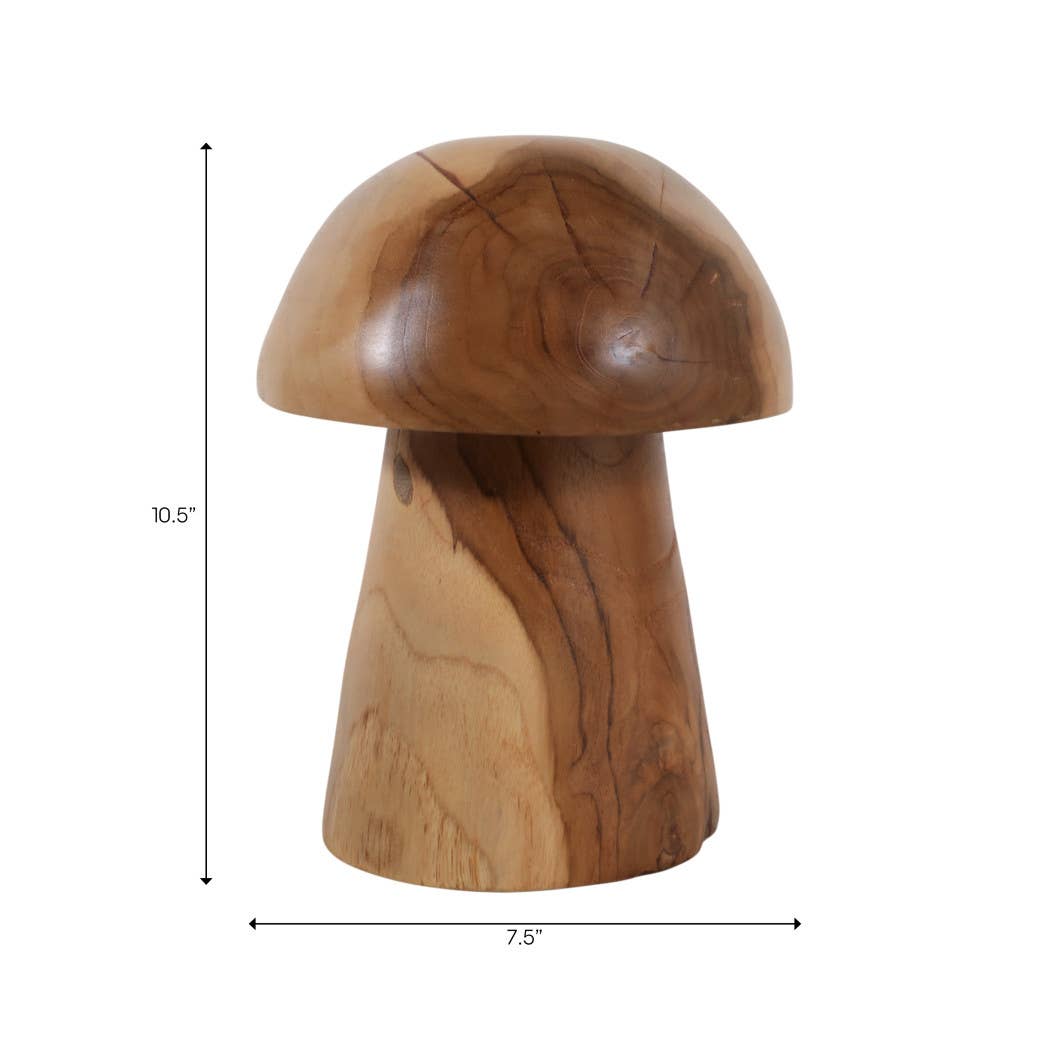 Sculpture - Brown Teak Wood Small Carved Mushroom, 10 in.
