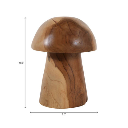 Sculpture - Brown Teak Wood Small Carved Mushroom, 10 in.