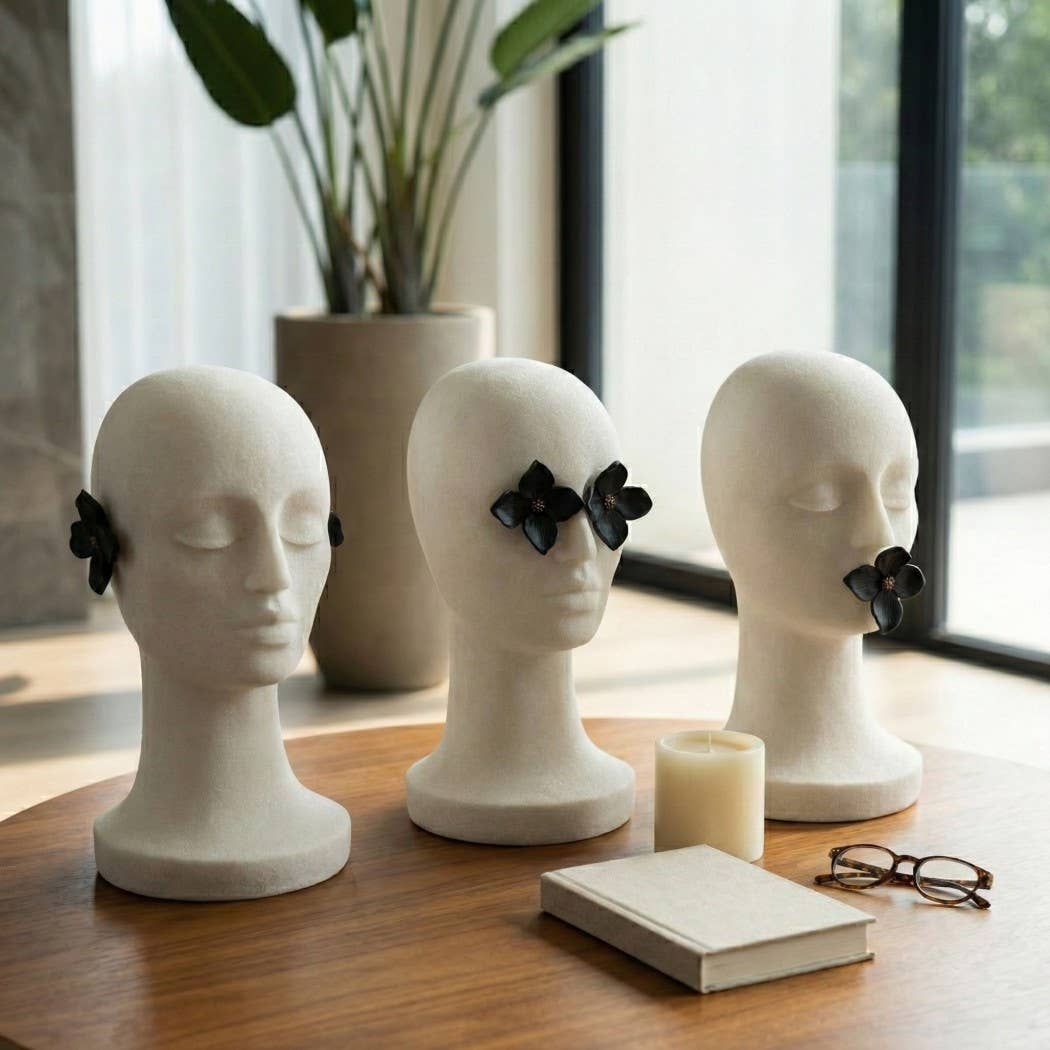 Sculpture Set of 3 - White and Black Resin 3-Heads, 16 in.