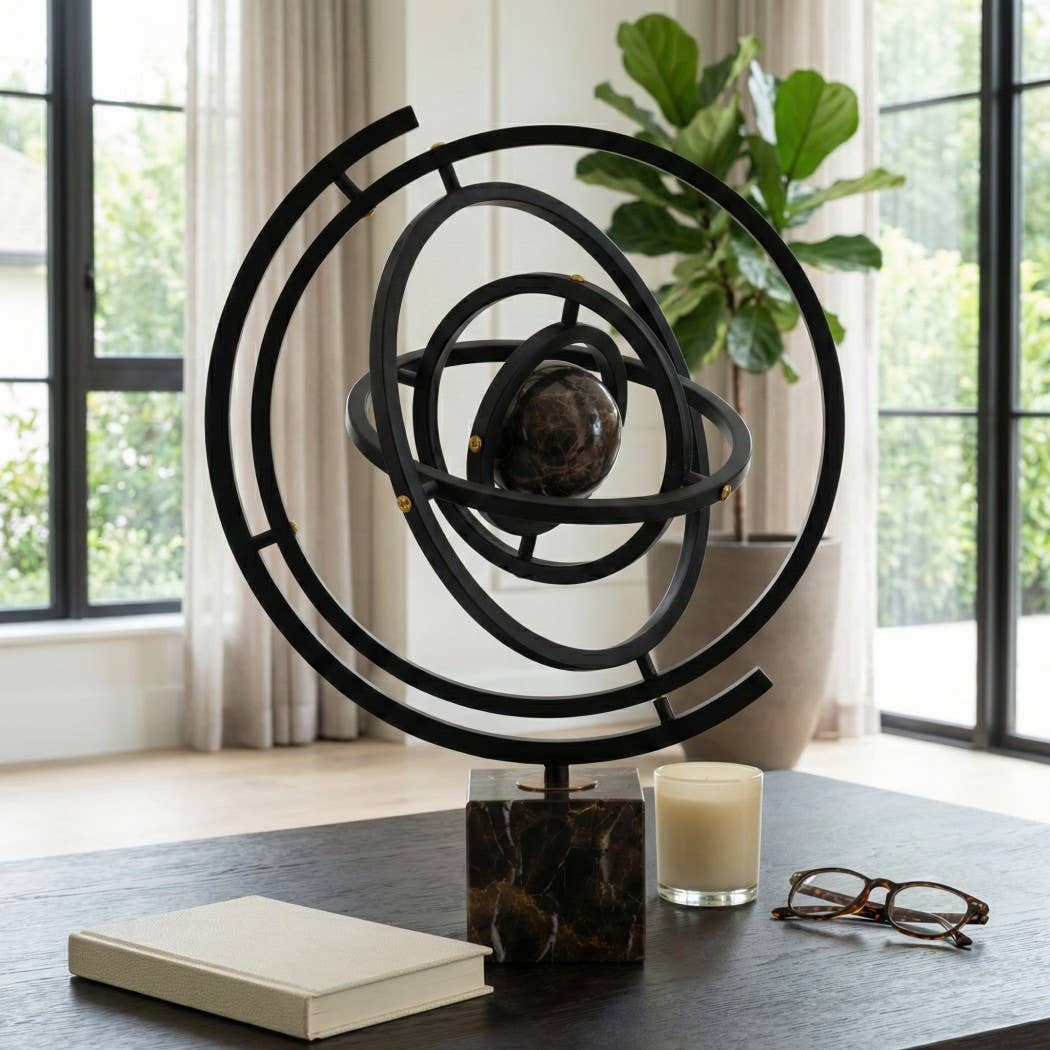 Sculpture - Brown Metal Rings with Marble Base, 17 in.