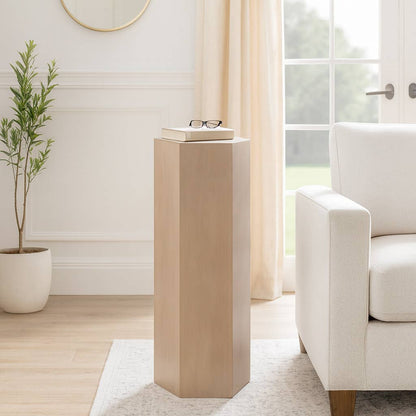 Side Table - Tan Wood Pentagon Geometric Design, 36 in.