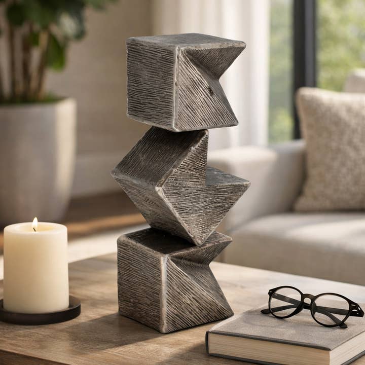 Sculpture - Silver Metal Stacked Geometric Cube, 18 in.