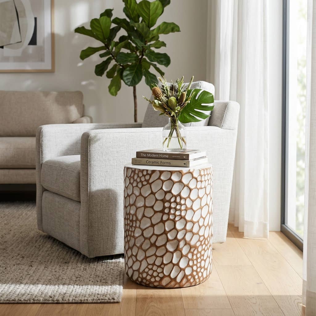 Garden Stool - White and Brown Ceramic Textured, 20 in.