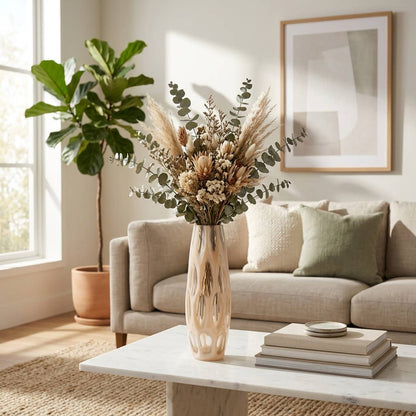 Decorative Vase - Tan Glass Elongated Oval Chiseled, 12 in.
