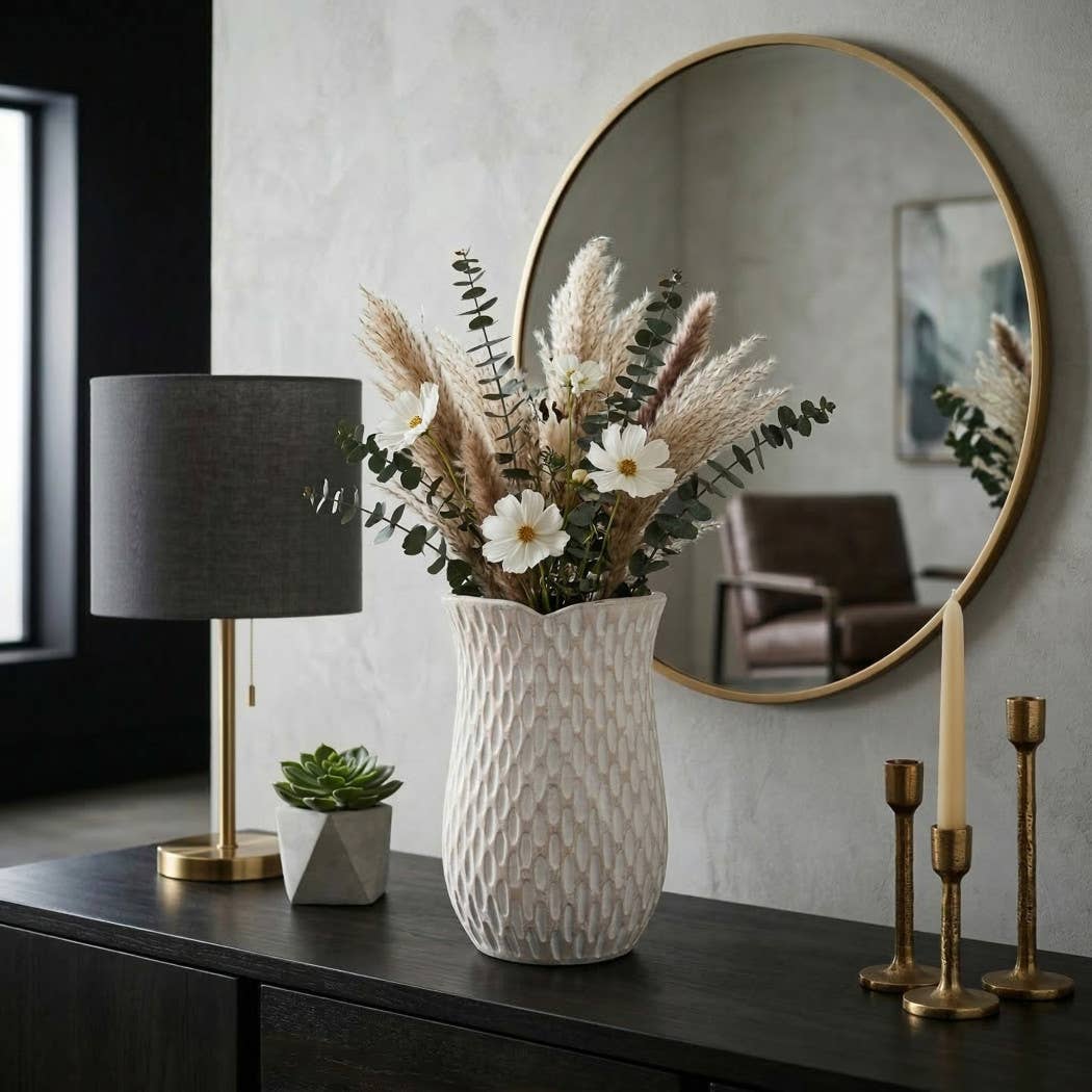 Decorative Vase - Ivory Ceramic Textured Patterned, 15 in.