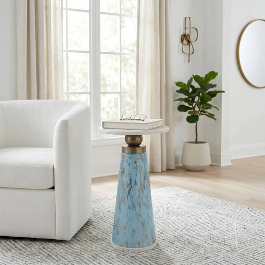 Side Table - Brown/Amber Marble Top with Pedestal, 21 in.