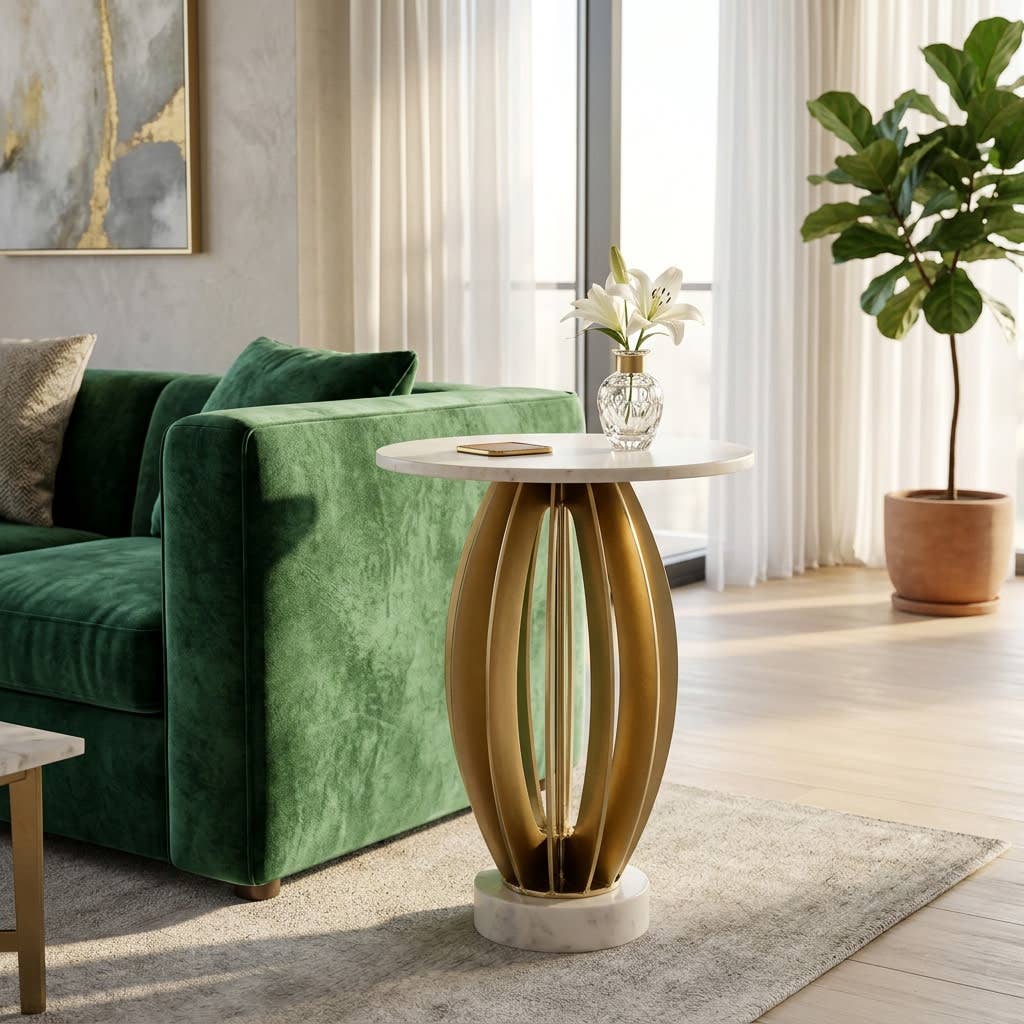 Side Table - White Marble Top Metal Pedestal Base, 25 in.