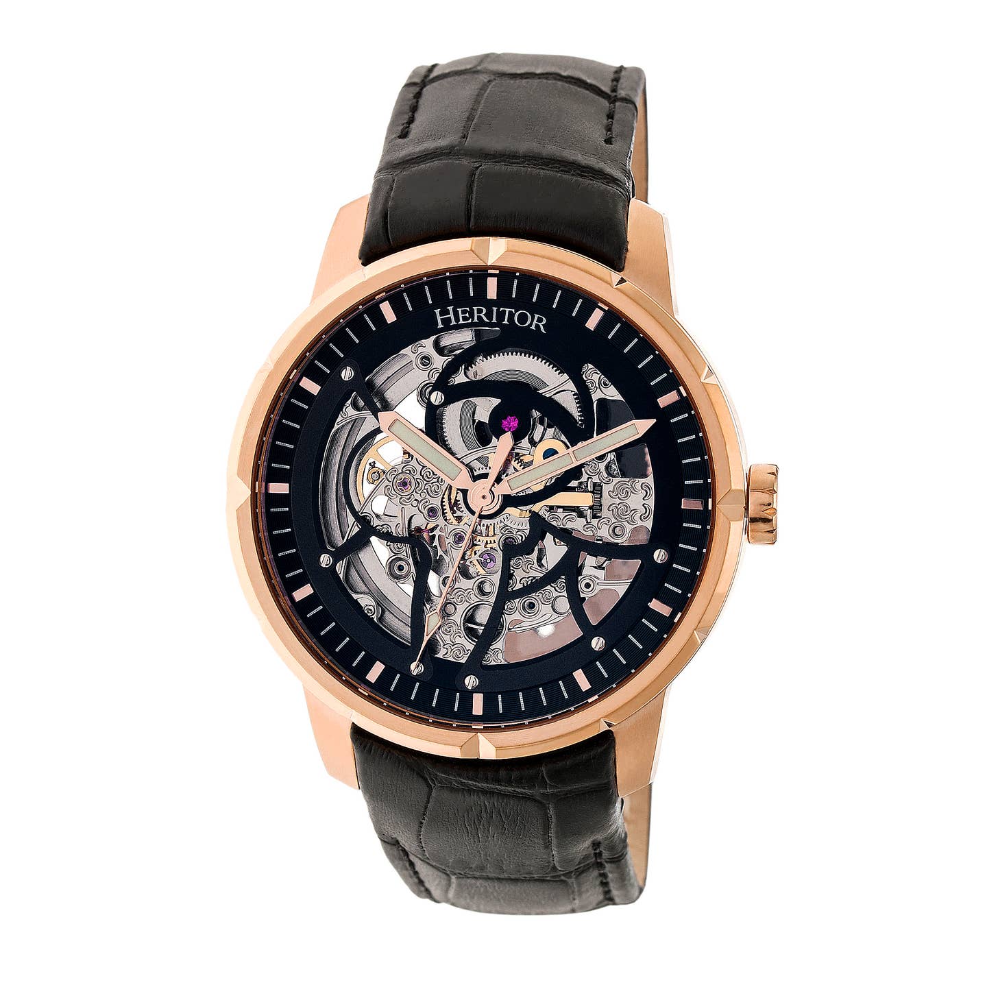 Heritor Ryder Men's Automatic Skeleton Leather Watch, Rose Gold/Black