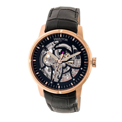 Heritor Ryder Men's Automatic Skeleton Leather Watch, Rose Gold/Black