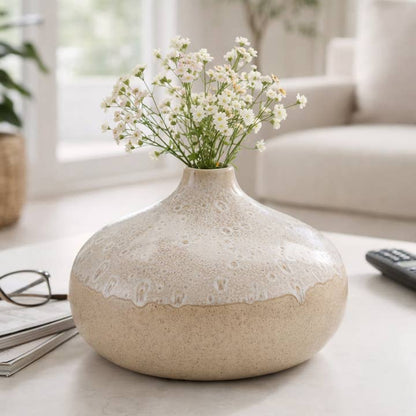 Decorative Vase - Cream Ceramic Round Glossy Textured, 8.5in
