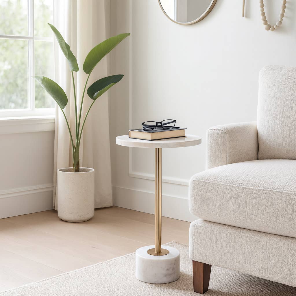 Side Table - White Quartz Top with Round Metal Base, 24 in.