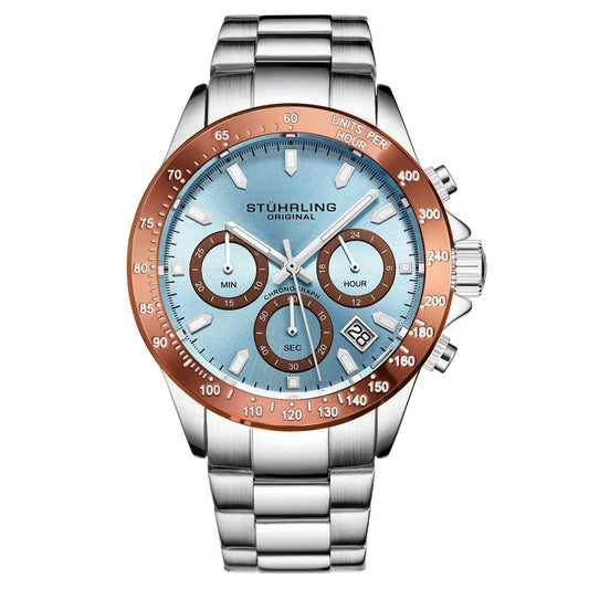 Stuhrling Original Ultima 3960 Men's Quartz Chronograph Watch, 42mm, Light Blue Dial, Stainless Steel Bracelet