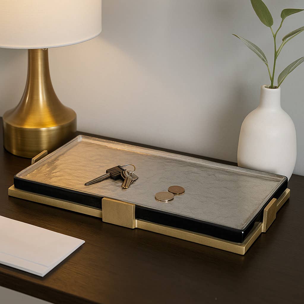 Decorative Tray - Gold Metal Rectangular Design, 19 in.
