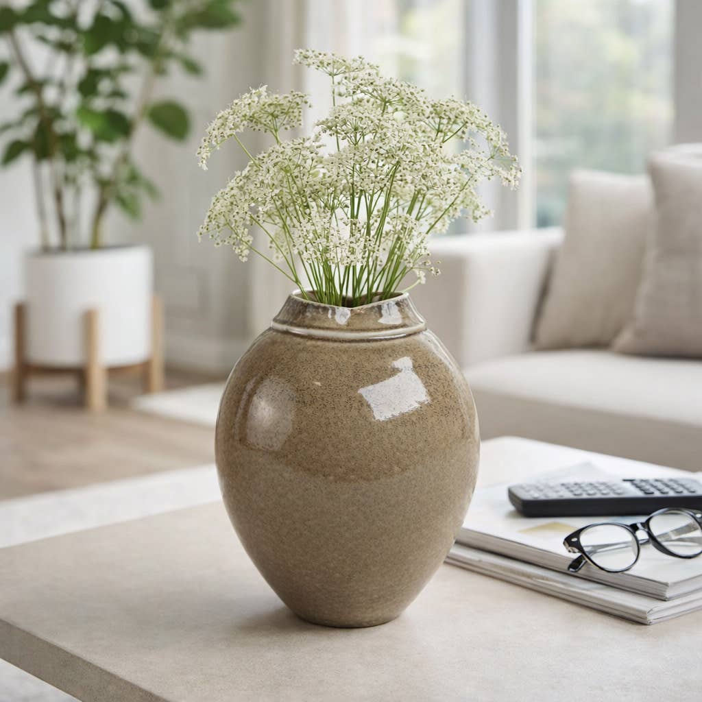 Decorative Vase - Brown Porcelain Wide Sculpted Mouth, 11 in