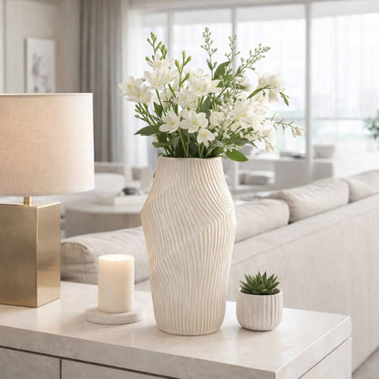 Decorative Vase - Beige Ceramic Sculptural Hollow, 17 in.