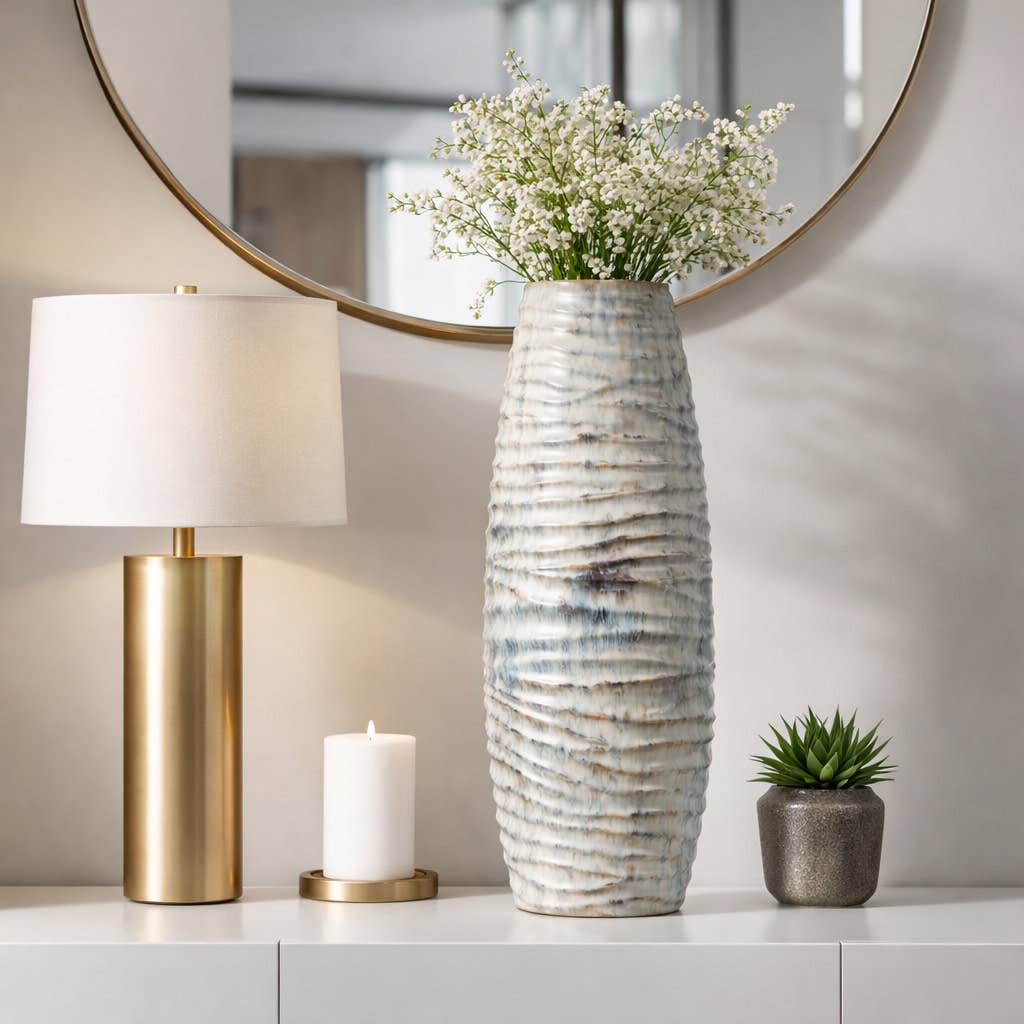 Decorative Vase - Gray Ceramic Textured Ribbed, 26 in.