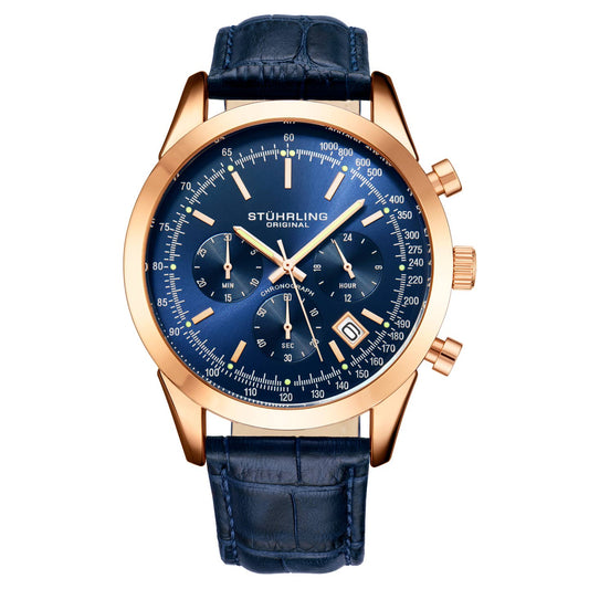Stuhrling Original Rialto Men's Quartz Chronograph Watch, 44mm, Blue Dial, Blue Leather Strap