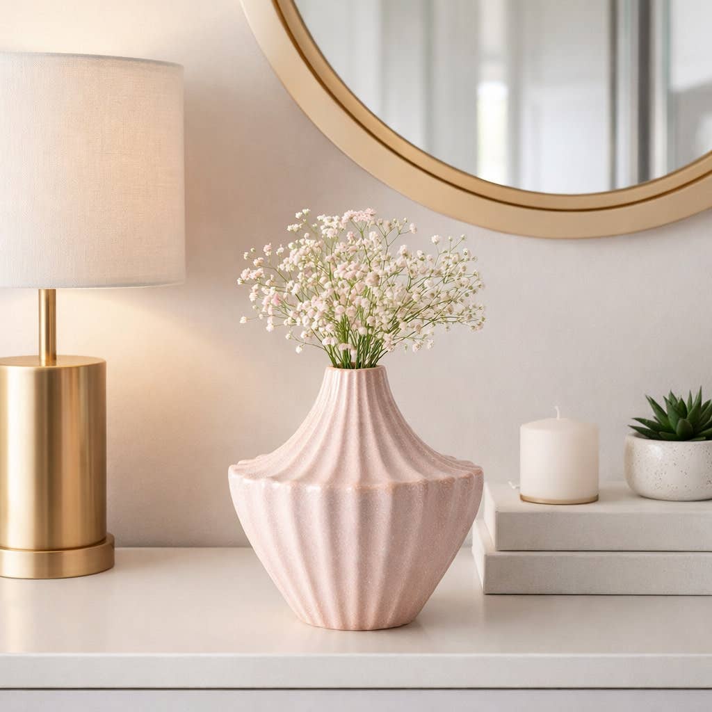 Decorative Vase - Pink Ceramic Sculpted Ridged, 8 in.