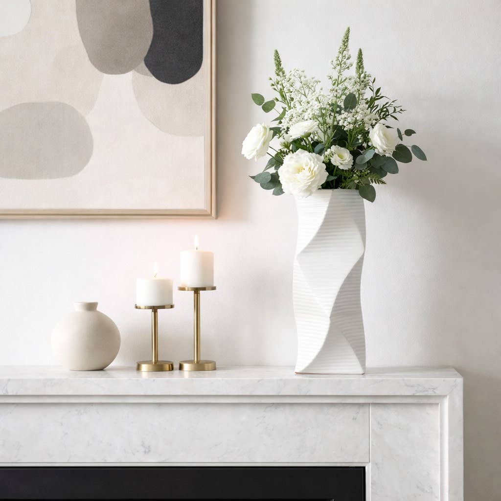 Decorative Vase - White Ceramic Wavy Textured, 12 in.