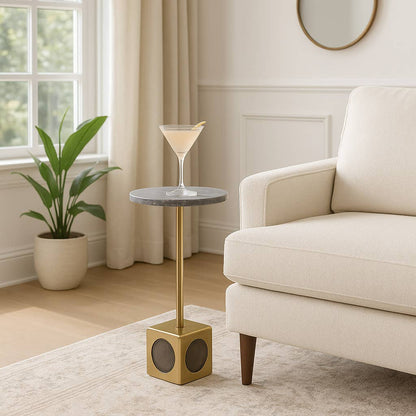 Side Table - Gray Marble Top Gold Metal Cube Base, 24 in.