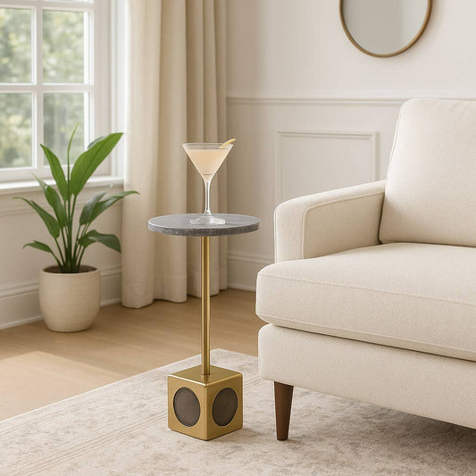 Side Table - Gray Marble Top Gold Metal Cube Base, 24 in.