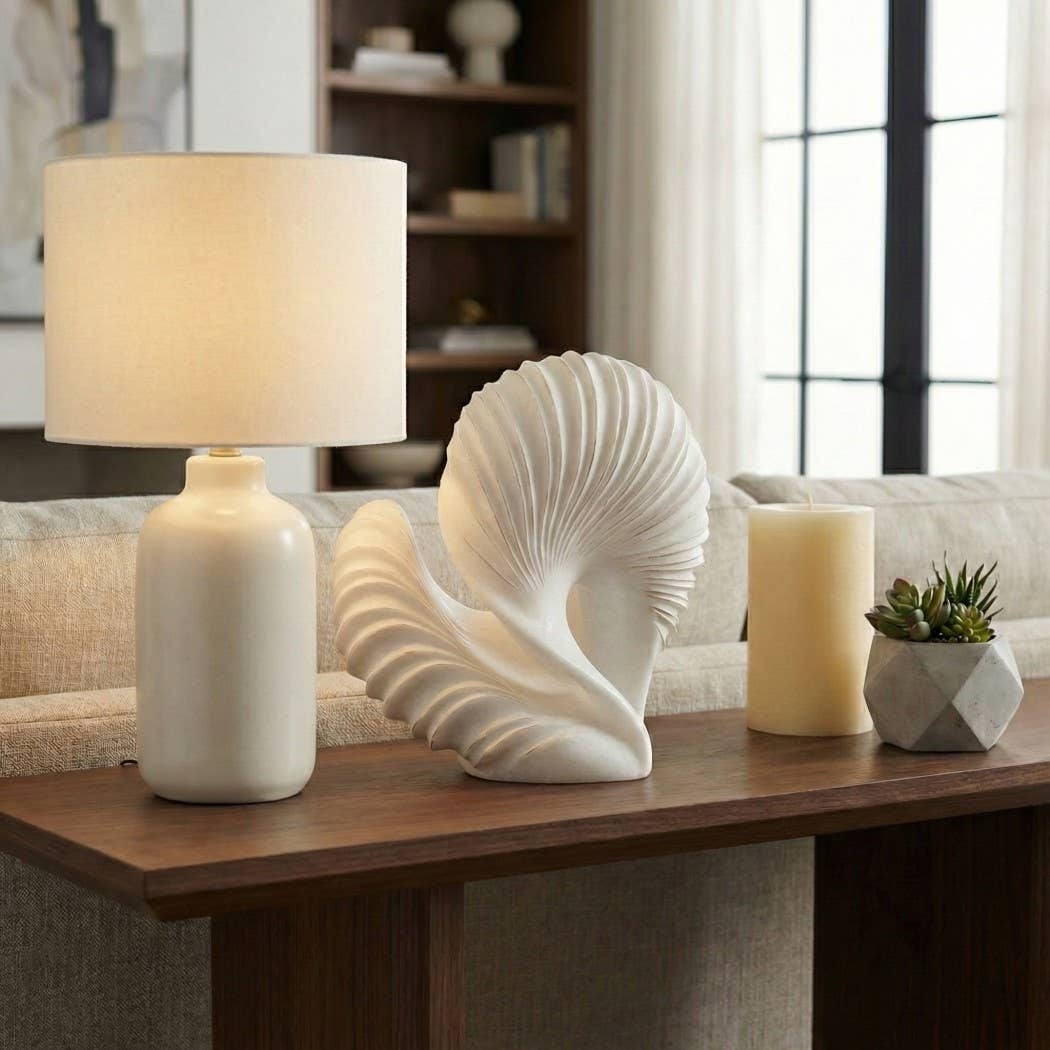 Sculpture - White Quartz Resin Abstract Shell, 14 in.