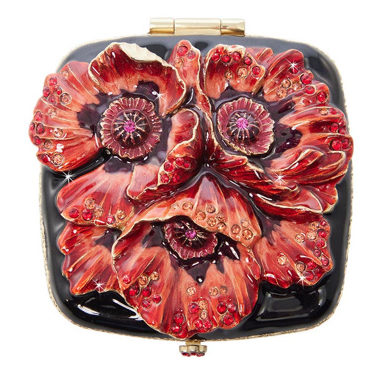 Jay Strongwater Freya Poppy Compact Mirror, Crystal Enamel Gold-Finished