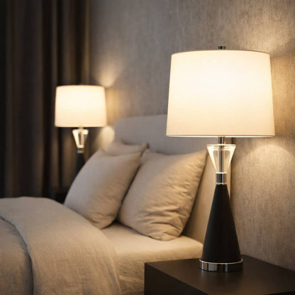 Table Lamp - Black Glass Metal Base with White Shade, 26 in.