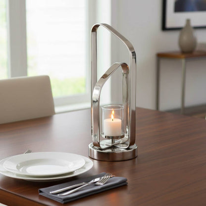 Candle Holder - Silver Metal Stylish Hurricane, 17 in.