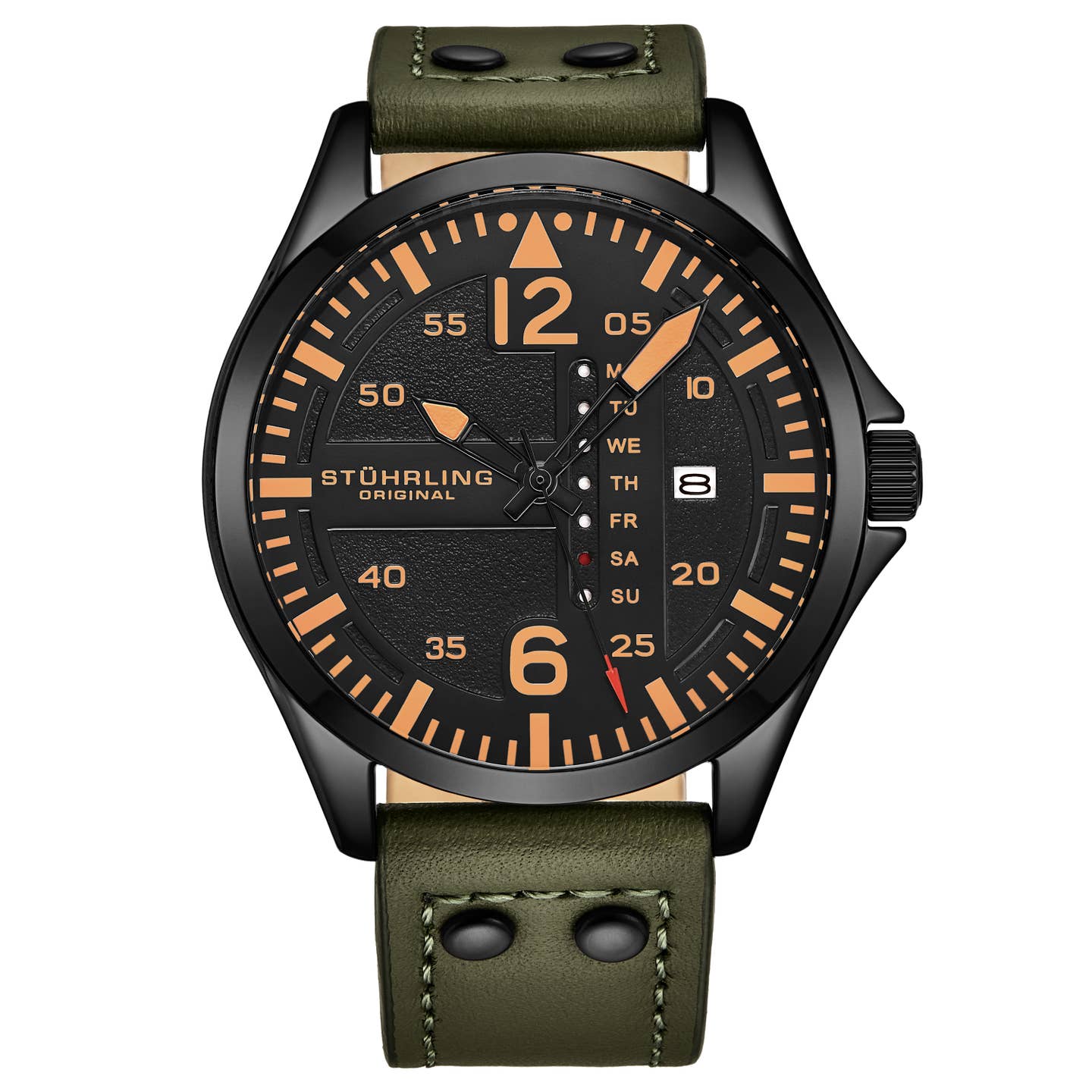 Stuhrling Original Aeronaut Men's Quartz Aviator Watch, 43mm, Black Dial, Green Leather Strap