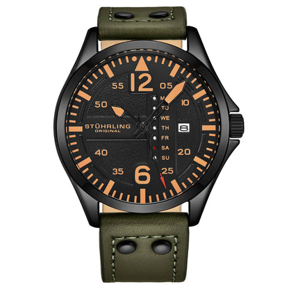 Stuhrling Original Aeronaut Men's Quartz Aviator Watch, 43mm, Black Dial, Green Leather Strap