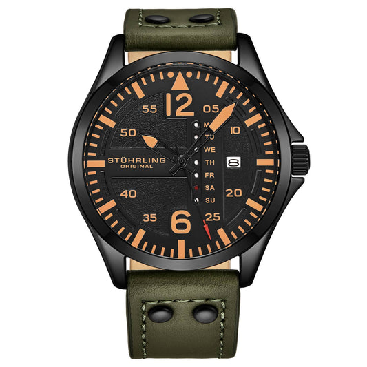 Stuhrling Original Aeronaut Men's Quartz Aviator Watch, 43mm, Black Dial, Green Leather Strap