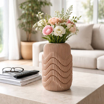 Decorative Vase - Brown Porcelain Ribbed 3D Printed, 15 in.