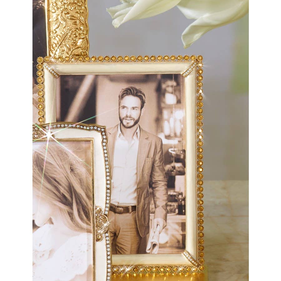 Jay Strongwater Lorraine Stone Edge 4" x 6" Crystal Enamel Picture Frame, Gold