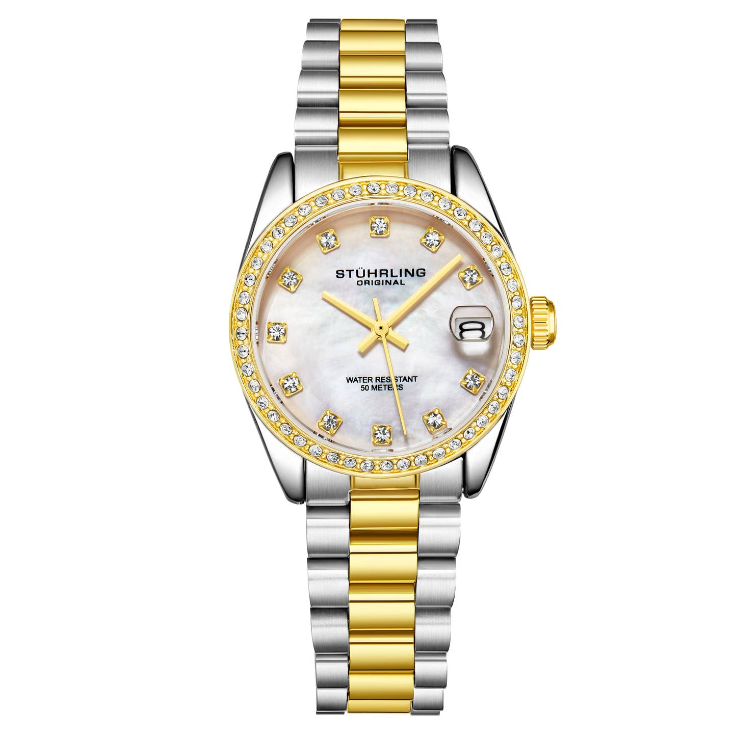 Stuhrling Original Lineage Women's Quartz Watch, 31mm, Silver Mother-of-Pearl Dial, Two-Tone Gold & Silver Bracelet, Crystal-Accented Bezel