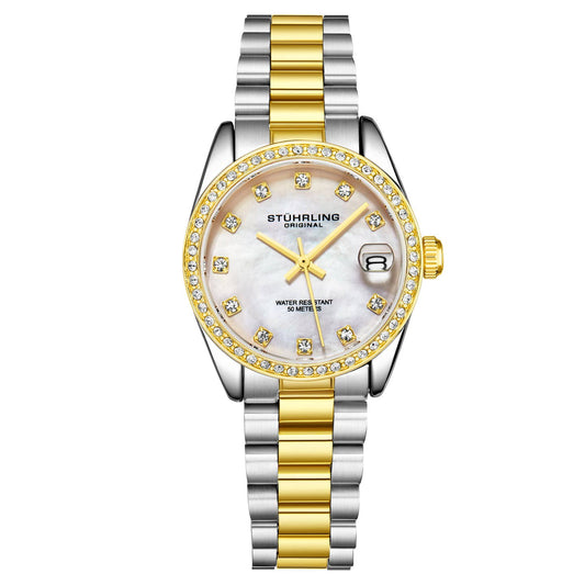 Stuhrling Original Lineage Women's Quartz Watch, 31mm, Silver Mother-of-Pearl Dial, Two-Tone Gold & Silver Bracelet, Crystal-Accented Bezel