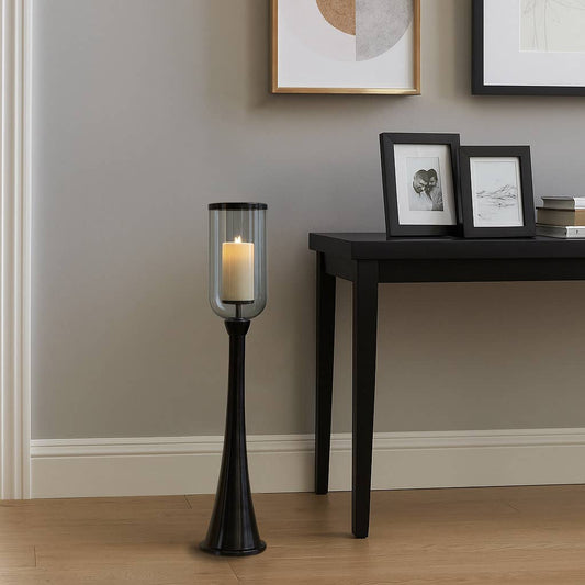 Candle Holder - Black Metal Frame Glass Hurricane, 34 in.