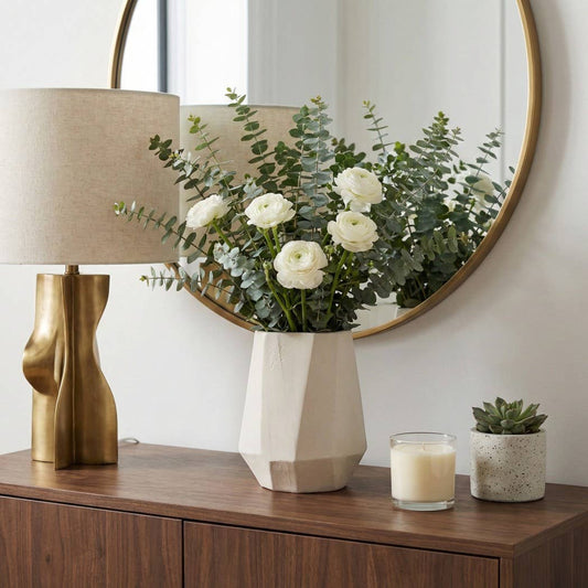 Decorative Vase - Ivory Ceramic Angular Shape, 8 in.