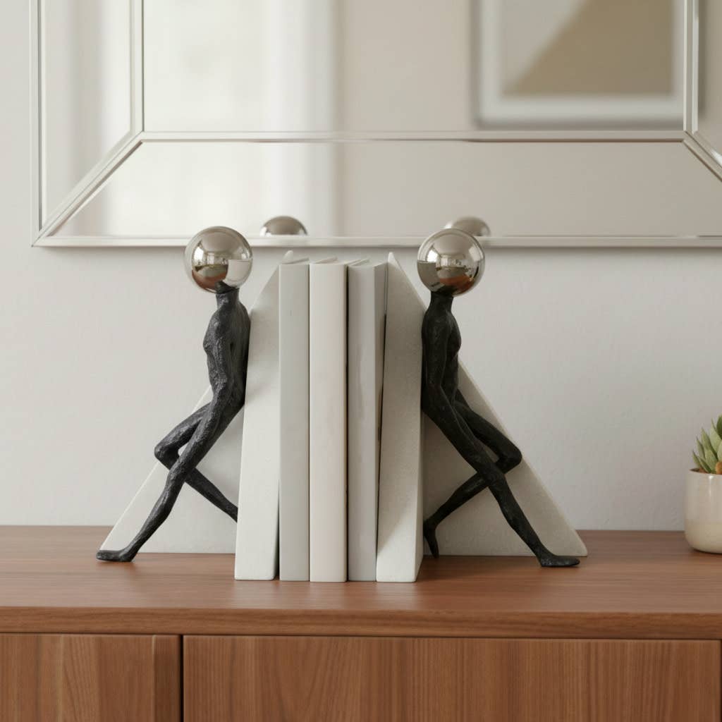 Bookends Set of 2 - Black Resin Figure with Sphere, 11 in.