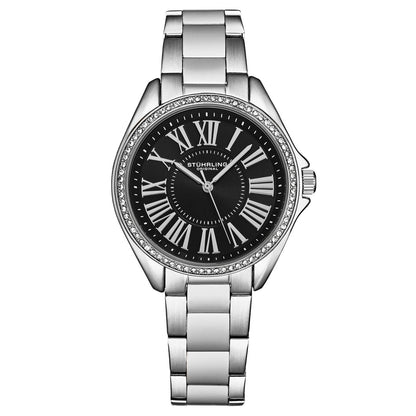 Stuhrling Original The Dynasty 4025 Women's Japanese Quartz Watch, 40mm, Black Dial, Silver-Tone Stainless Steel Bracelet, Crystal-Accented Bezel