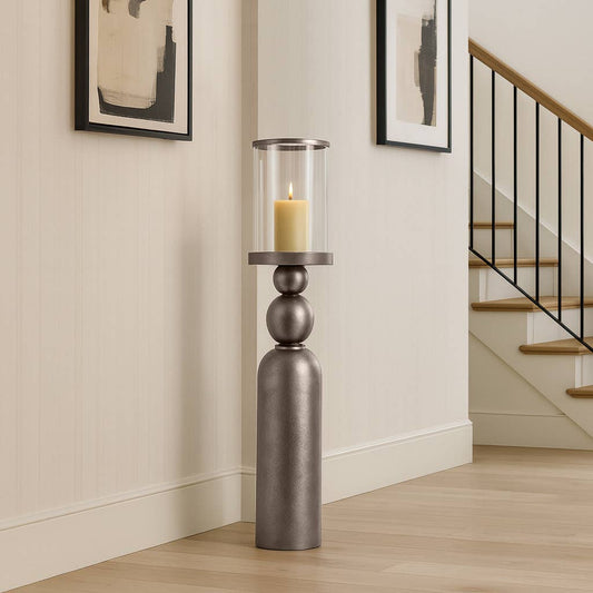 Candle Holder - Silver Metal Removable Hurricane, 41 in.