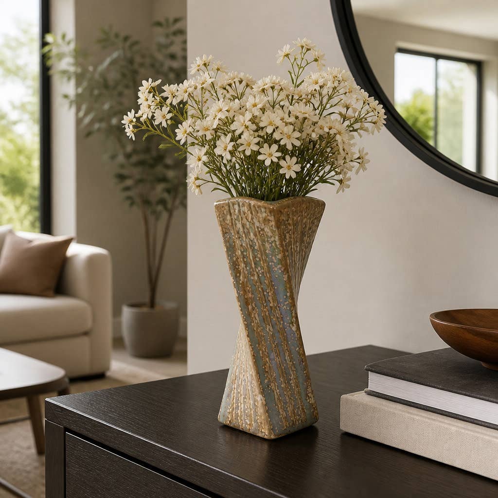 Decorative Vase - Brown Ceramic Sleek Twisted Square, 9 in.