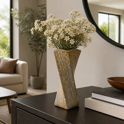 Decorative Vase - Brown Ceramic Sleek Twisted Square, 9 in.