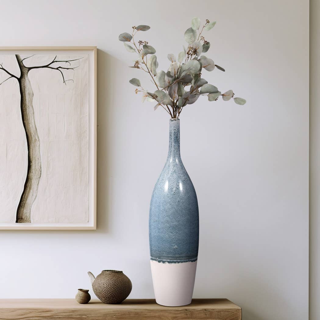 Decorative Vase - Blue Ceramic Sculptural Ombre Tall, 27 in.