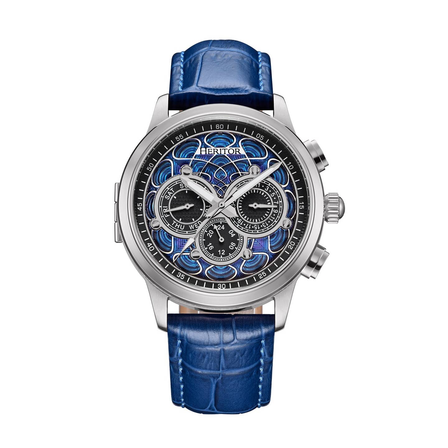 Heritor Apostle Leather Band Men's Automatic Day-Date Leather Watch, Blue/Blue