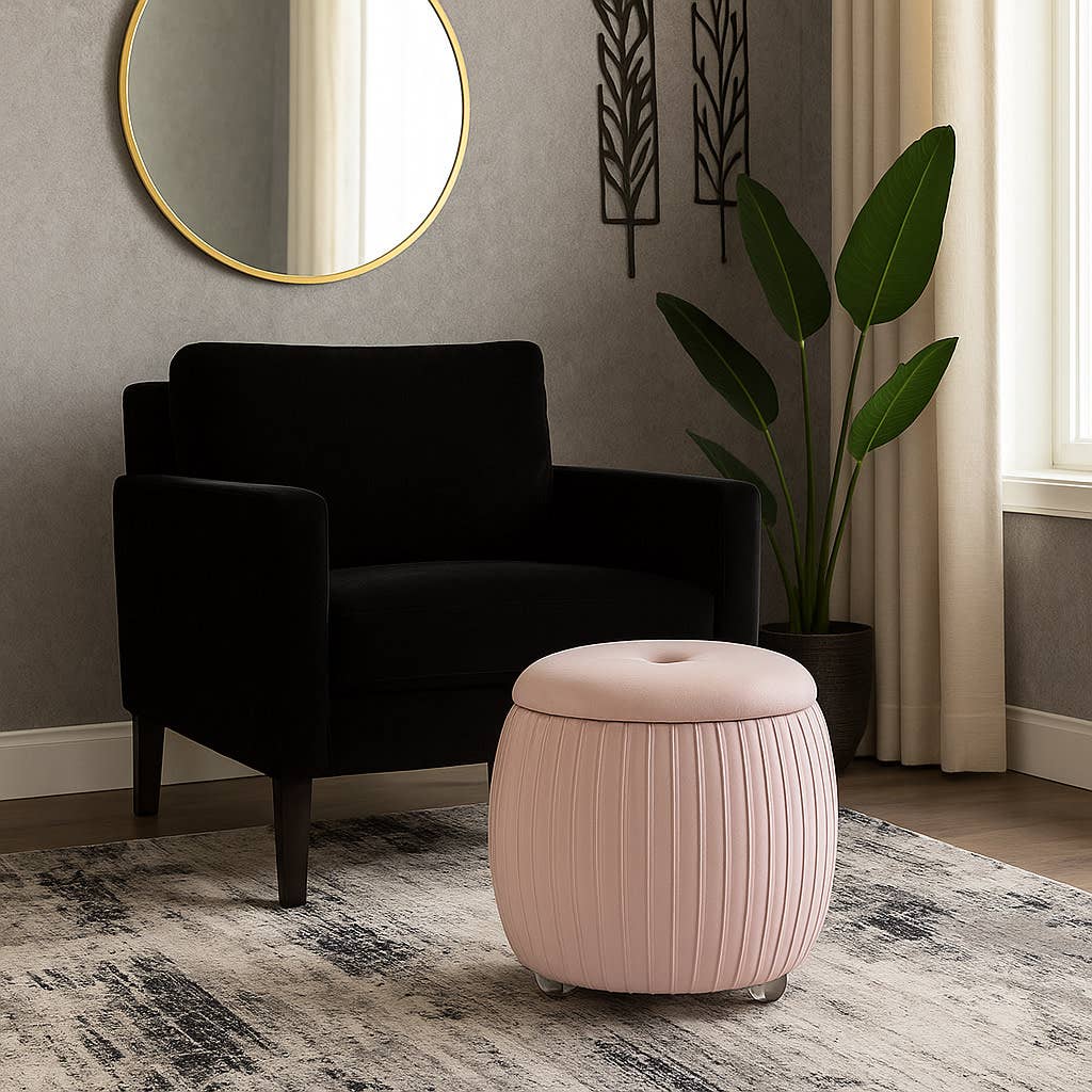 Storage Stool - Pink Wood Round with Cushioned Seat, 18 in.