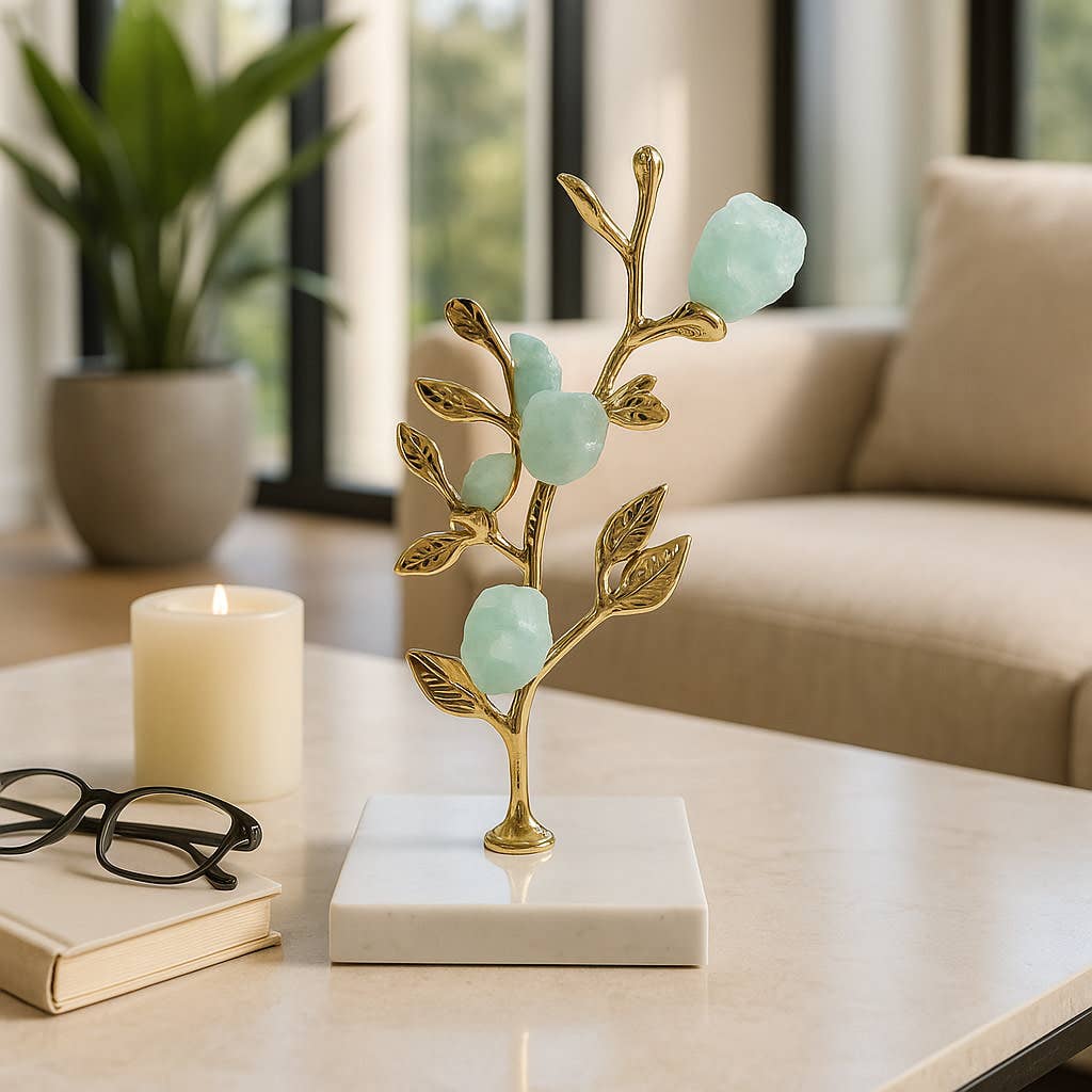 Decorative Sculpture- Gold/Green Metal Crystal Tree, 9 in.