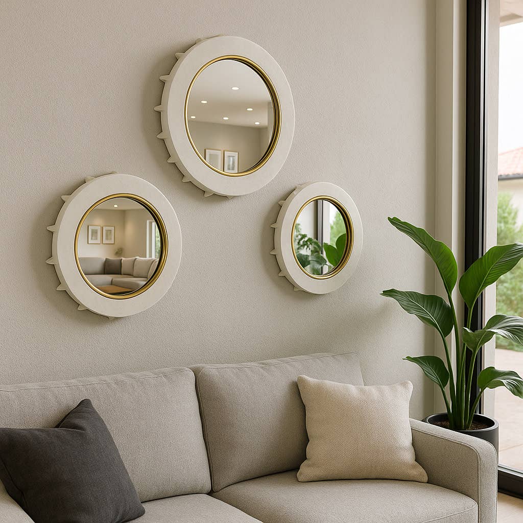 Wall Mirror Set of 3 - White Glass Rounded, 18/14/12 in.