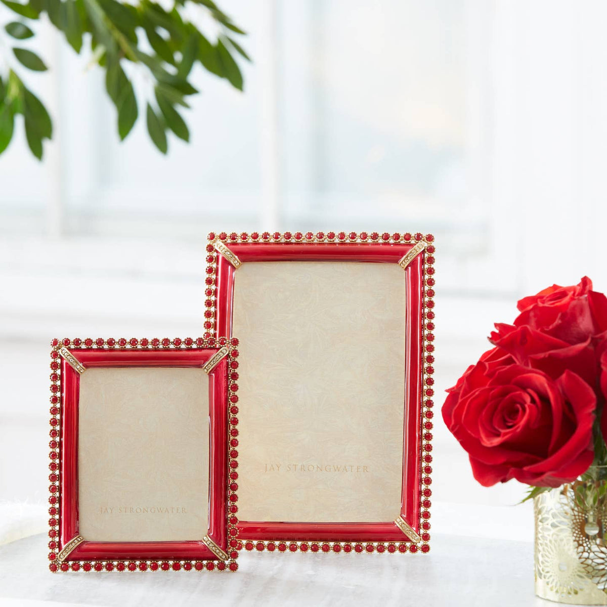 Jay Strongwater Lorraine Stone Edge Rose 4" x 6" Crystal Enamel Picture Frame, Ruby